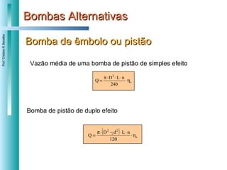‘ Bombas Alternativas Bomba de êmbolo ou pistão Vazão média de uma bomba de pistão de simples efeito Bomba de pistão de duplo efeito 