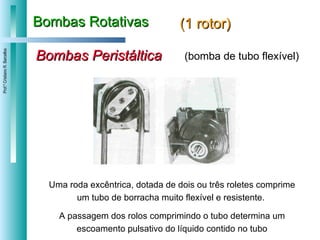 Bombas Rotativas (1 rotor) Bombas Peristáltica Uma roda excêntrica, dotada de dois ou três roletes comprime um tubo de borracha muito flexível e resistente.  A passagem dos rolos comprimindo o tubo determina um escoamento pulsativo do líquido contido no tubo (bomba de tubo flexível) 
