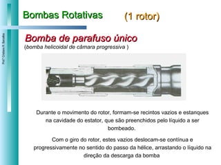 Bombas Rotativas (1 rotor) Durante o movimento do rotor, formam-se recintos vazios e estanques na cavidade do estator, que são preenchidos pelo líquido a ser bombeado.  Com o giro do rotor, estes vazios deslocam-se contínua e progressivamente no sentido do passo da hélice, arrastando o líquido na direção da descarga da bomba  Bomba de parafuso único ( bomba helicoidal de câmara progressiva  ) 