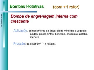 Bombas Rotativas (com +1 rotor) Bomba de engrenagem interna com crescente Aplicação:  bombeamento de água, óleos minerais e vegetais ácidos, álcool, tintas, benzeno, chocolate, asfalto,  eter etc.  Pressão:  de 8 kgf/cm 2  - 14 kgf/cm 2 . 