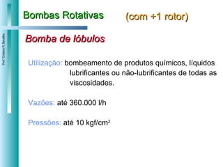 Bombas Rotativas (com +1 rotor) Bomba de lóbulos Utilização:  bombeamento de produtos químicos, líquidos  lubrificantes ou não-lubrificantes de todas as  viscosidades. Vazões:  até 360.000 l/h Pressões:  até 10 kgf/cm 2   