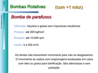 Bombas Rotativas (com +1 rotor) Bomba de parafusos Utilização:  líquidos e gases sem impurezas mecânicas  Pressão:  até 200 kgf/cm 2 .  Rotação:  até 10.000 rpm Vazão:  3 a 300 m 3 /h.   Os dentes não transmitem movimento para não se desgastarem. O movimento se realiza com engrenagens localizadas em caixa com óleo ou graxa para lubrificação. São silenciosas e sem pulsação. 