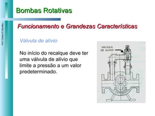 Bombas Rotativas Funcionamento e Grandezas Características Válvula de alívio No início do recalque deve ter uma válvula de alívio que limite a pressão a um valor predeterminado. 