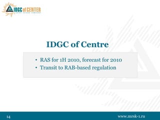 IDGC of Centre
     • RAS for 1H 2010, forecast for 2010
     • Transit to RAB-based regulation




14                                     www.mrsk-1.ru
 