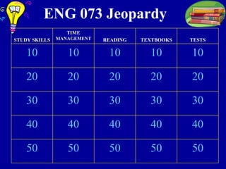 ENG 073 Jeopardy 50 50 50 50 50 40 40 40 40 40 30 30 30 30 30 20 20 20 20 20 10 10 10 10 10 TESTS TEXTBOOKS READING TIME  MANAGEMENT STUDY SKILLS 