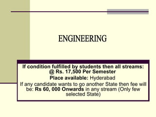 If condition fulfilled by students then all streams:
              @ Rs. 17,500 Per Semester
              Place available: Hyderabad
If any candidate wants to go another State then fee will
    be: Rs 60, 000 Onwards in any stream (Only few
                      selected State)
 