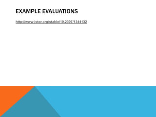 EXAMPLE EVALUATIONS
http://www.jstor.org/stable/10.2307/1344132
 