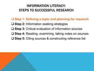INFORMATION LITERACY:
     STEPS TO SUCCESSFUL RESEARCH

 Step 1: Defining a topic and planning for research
 Step 2: Information seeking strategies
 Step 3: Critical evaluation of information sources
 Step 4: Reading, examining, taking notes on sources
 Step 5: Citing sources & constructing reference list
 