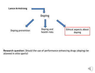 Lance Armstrong


                                Doping



                                 Doping and            Ethical aspects about
      Doping prevention
                                 health risks                  doping




Research question: Should the use of performance enhancing drugs (doping) be
allowed in elite sports?
 