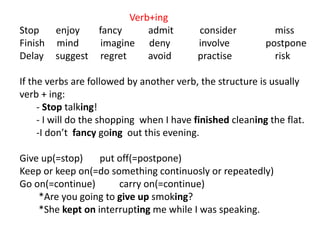 Verb+ing
Stop enjoy fancy admit consider miss
Finish mind imagine deny involve postpone
Delay suggest regret avoid practise risk
If the verbs are followed by another verb, the structure is usually
verb + ing:
- Stop talking!
- I will do the shopping when I have finished cleaning the flat.
-I don’t fancy going out this evening.
Give up(=stop) put off(=postpone)
Keep or keep on(=do something continuosly or repeatedly)
Go on(=continue) carry on(=continue)
*Are you going to give up smoking?
*She kept on interrupting me while I was speaking.
 