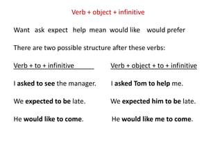Verb + object + infinitive
Want ask expect help mean would like would prefer
There are two possible structure after these verbs:
Verb + to + infinitive Verb + object + to + infinitive
I asked to see the manager. I asked Tom to help me.
We expected to be late. We expected him to be late.
He would like to come. He would like me to come.
 