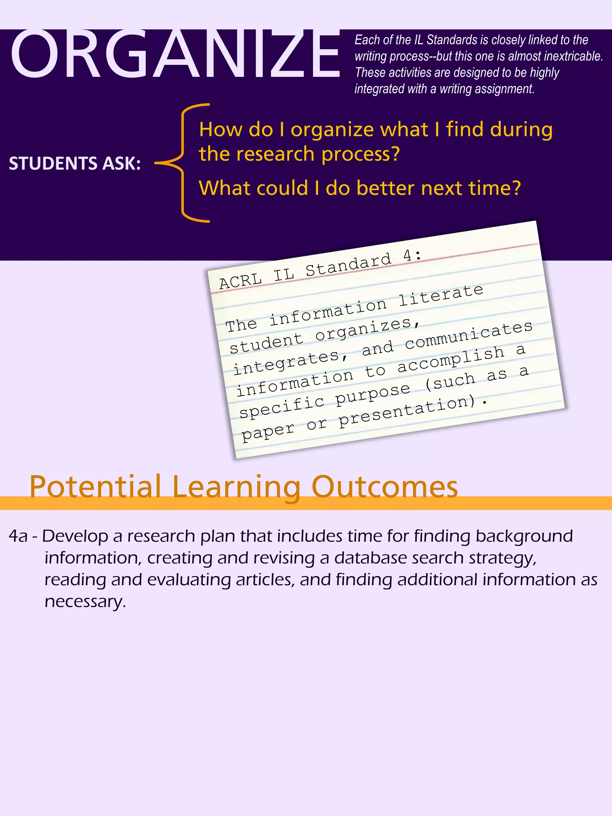 ORGANIZE
ORGANIZE
STUDENTS ASK:
How do I organize what I find during
the research process?
What could I do better next time?
Each of the IL Standards is closely linked to the
writing process--but this one is almost inextricable.
These activities are designed to be highly
integrated with a writing assignment.
Potential Learning Outcomes
4a - Develop a research plan that includes time for finding background
information, creating and revising a database search strategy,
reading and evaluating articles, and finding additional information as
necessary.
 