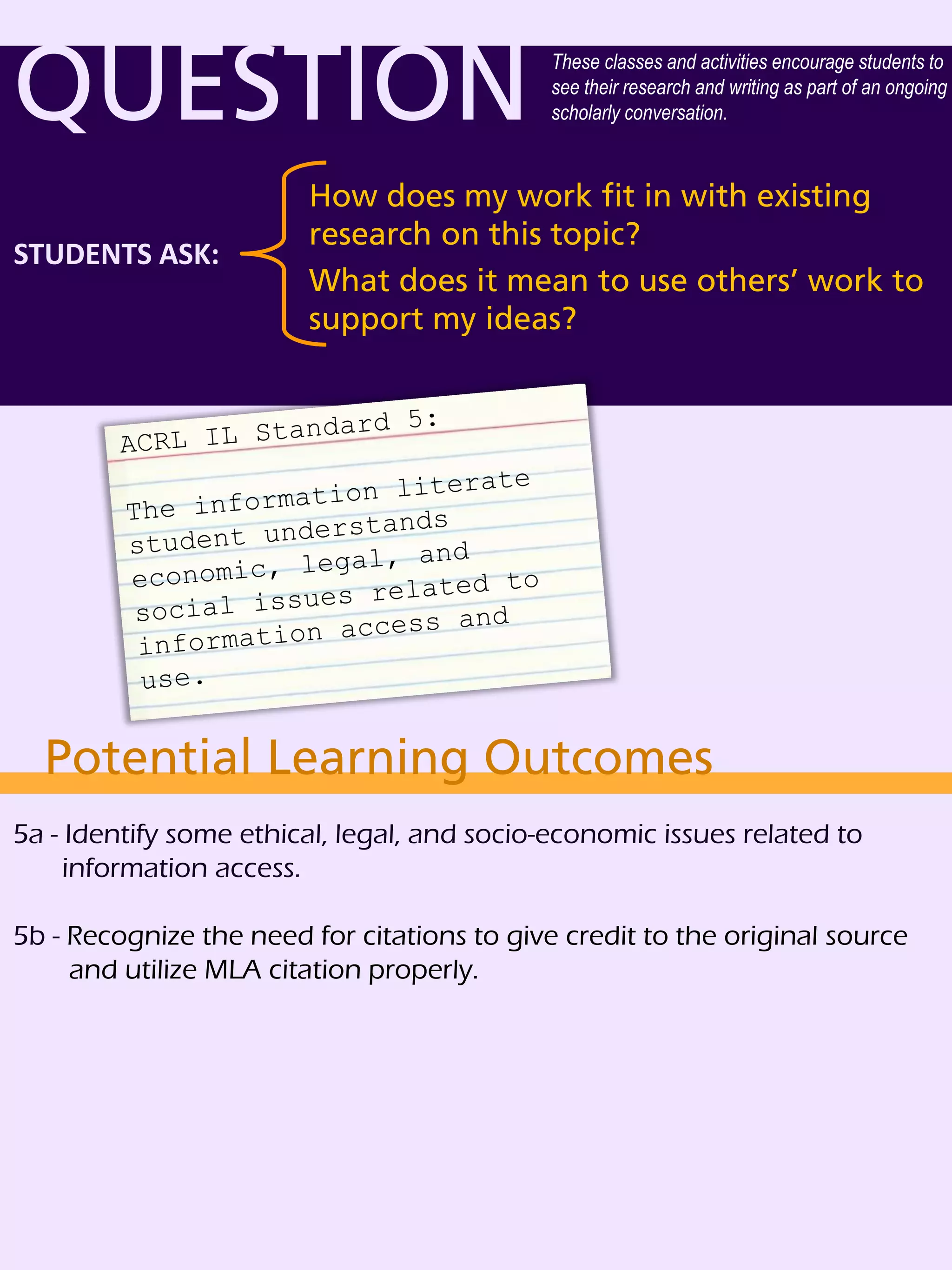 QUESTION
STUDENTS ASK:
How does my work fit in with existing
research on this topic?
What does it mean to use others’ work to
support my ideas?
These classes and activities encourage students to
see their research and writing as part of an ongoing
scholarly conversation.
Potential Learning Outcomes
5a - Identify some ethical, legal, and socio-economic issues related to
information access.
5b - Recognize the need for citations to give credit to the original source
and utilize MLA citation properly.
 