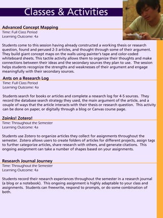Ants on a Research Log
Time: Full Class Period
Learning Outcome: 4a
Students search for books or articles and complete a research log for 4-5 sources. They
record the database search strategy they used, the main argument of the article, and a
couple of ways that the article interacts with their thesis or research question. This activity
can be done on paper, or digitally through a blog or Canvas course page.
Advanced Concept Mapping
Time: Full Class Period
Learning Outcome: 4a
Students come to this session having already constructed a working thesis or research
question, found and perused 2-3 articles, and thought through some of their argument.
They build giant concept maps on the walls using painter’s tape and color-coded
whiteboard sheets. This tactile activity allows them to organize their thoughts and make
connections between their ideas and the secondary sources they plan to use. The session
helps students recognize the strengths and weaknesses of their argument and engage
meaningfully with their secondary sources.
Classes & Activities
Zoinks! Zotero!
Time: Throughout the Semester
Learning Outcome: 4a
Students use Zotero to organize articles they collect for assignments throughout the
semester. Zotero allows users to create folders of articles for different projects, assign tags
to further categorize articles, share research with others, and generate citations. This
ongoing assignment can take a number of shapes based on your assignments.
Research Journal Journey
Time: Throughout the Semester
Learning Outcome: 4a
Students record their research experiences throughout the semester in a research journal
(a blog or a notebook). This ongoing assignment is highly adaptable to your class and
assignments. Students can freewrite, respond to prompts, or do some combination of
both.
 