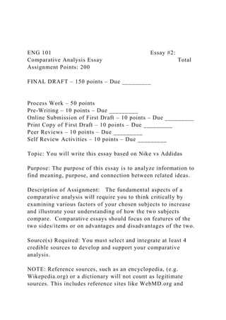 ENG 101 Essay #2:
Comparative Analysis Essay Total
Assignment Points: 200
FINAL DRAFT – 150 points – Due _________
Process Work – 50 points
Pre-Writing – 10 points – Due _________
Online Submission of First Draft – 10 points – Due _________
Print Copy of First Draft – 10 points – Due _________
Peer Reviews – 10 points – Due _________
Self Review Activities – 10 points – Due _________
Topic: You will write this essay based on Nike vs Addidas
Purpose: The purpose of this essay is to analyze information to
find meaning, purpose, and connection between related ideas.
Description of Assignment: The fundamental aspects of a
comparative analysis will require you to think critically by
examining various factors of your chosen subjects to increase
and illustrate your understanding of how the two subjects
compare. Comparative essays should focus on features of the
two sides/items or on advantages and disadvantages of the two.
Source(s) Required: You must select and integrate at least 4
credible sources to develop and support your comparative
analysis.
NOTE: Reference sources, such as an encyclopedia, (e.g.
Wikepedia.org) or a dictionary will not count as legitimate
sources. This includes reference sites like WebMD.org and
 