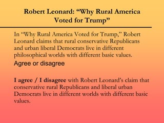 Robert Leonard: “Why Rural America
Voted for Trump”
In “Why Rural America Voted for Trump,” Robert
Leonard claims that rural conservative Republicans
and urban liberal Democrats live in different
philosophical worlds with different basic values.
Agree or disagree
I agree / I disagree with Robert Leonard’s claim that
conservative rural Republicans and liberal urban
Democrats live in different worlds with different basic
values.
 