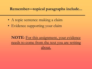 Remember—topical paragraphs include...
• A topic sentence making a claim
• Evidence supporting your claim
NOTE: For this assignment, your evidence
needs to come from the text you are writing
about.
 