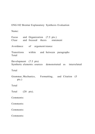 ENG 102 Brentar Explanatory Synthesis Evaluation
Name:
Focus and Organization (7.5 pts.)
Clear and focused thesis statement
Avoidance of argument/stance
Transitions within and between paragraphs
Total
Development (7.5 pts)
Synthetic elements: sources demonstrated as interrelated
Total
Grammar, Mechanics, Formatting, and Citation (5
pts.)
Total
Total (20 pts).
Comments:
Comments:
Comments:
Comments:
 