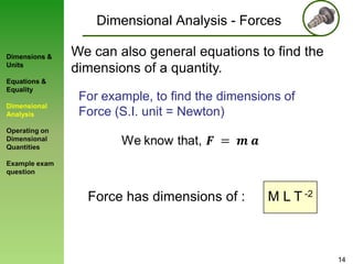 Dimensional Analysis - Forces
Dimensions &
Units
Equations &
Equality

Dimensional
Analysis

We can also general equations to find the
dimensions of a quantity.
For example, to find the dimensions of
Force (S.I. unit = Newton)

Operating on
Dimensional
Quantities
Example exam
question

Force has dimensions of :

M L T -2

14

 