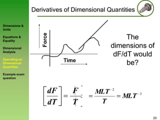 Derivatives of Dimensional Quantities

Equations &
Equality

Dimensional
Analysis

Force

Dimensions &
Units

Operating on
Dimensional
Quantities

The
dimensions of
dF/dT would
be?

Time

Example exam
question

dF
dT

F
T

MLT
T

2

MLT

3

20

 