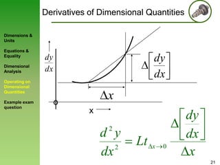 Derivatives of Dimensional Quantities
Dimensions &
Units
Equations &
Equality

Dimensional
Analysis

dy
dx

dy
dx

Operating on
Dimensional
Quantities
Example exam
question

x

o
x

2

d y
2
dx

Lt

x

0

dy
dx
x
21

 