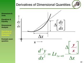 Derivatives of Dimensional Quantities
Dimensions &
Units
Equations &
Equality

Dimensional
Analysis

dy
dx

dy
dx

Operating on
Dimensional
Quantities
Example exam
question

x

o
x

2

d y
2
dx

Lt

x

0

dy
y
x
dx
x
22

 
