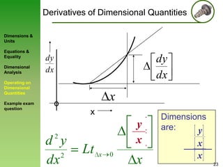 Derivatives of Dimensional Quantities
Dimensions &
Units
Equations &
Equality

Dimensional
Analysis

dy
dx

dy
dx

Operating on
Dimensional
Quantities
Example exam
question

x

o
x
2

d y
2
dx

Lt

x

0

dy
y
x
dx
x

Dimensions
are:
y

x
x
23

 
