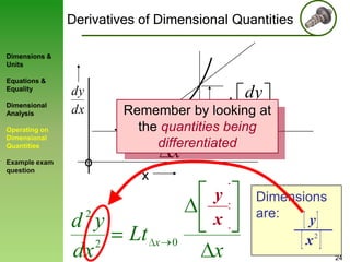 Derivatives of Dimensional Quantities
Dimensions &
Units
Equations &
Equality

Dimensional
Analysis

dy
Remember by looking at
dx
the quantities being

dy
dx

Operating on
Dimensional
Quantities
Example exam
question

differentiated

x

o
x
2

d y
2
dx

Lt

x

0

dy
y
x
dx
x

Dimensions
are:

y
2
x

24

 