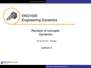 Faculty of Engineering

ENG1040
Engineering Dynamics
Revision of concepts
Dynamics
Dr Lau Ee Von – Sunway

Lecture 3

ENG1040 – Engineering Dynamics

 