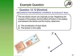 Example Question
• Question 12.12 [Kinetics]
(MECHANICS FOR ENGINEERS: DYNAMICS by Ferdinand P. Beer)

The two blocks shown are originally at rest. Neglecting the
masses of the pulleys and the effect of friction in the pulleys
and between the blocks and the incline, determine
a) The acceleration of each block
b) The tension in the cable

y

x
19

 
