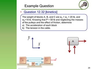 Example Question
• Question 12.32 [kinetics]
The weight of blocks A, B, and C are wa = wc = 20 lb, and
wb=10 lb. Knowing that P = 50 lb and neglecting the masses
of the pulleys and the effect of friction, determine
a) The acceleration of each block
b) The tension in the cable.

y
x

A

29

 