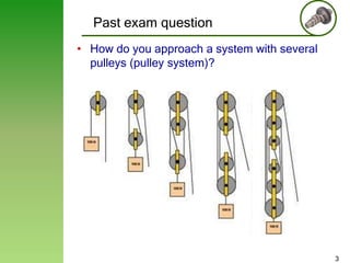 Past exam question
• How do you approach a system with several
pulleys (pulley system)?

3

 