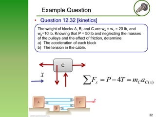Example Question
• Question 12.32 [kinetics]
The weight of blocks A, B, and C are wa = wc = 20 lb, and
wb=10 lb. Knowing that P = 50 lb and neglecting the masses
of the pulleys and the effect of friction, determine
a) The acceleration of each block
b) The tension in the cable.

C

x

Fx

P 4T

mC aC ( x)

32

 