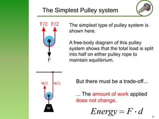 The Simplest Pulley system
The simplest type of pulley system is
shown here.
A free-body diagram of this pulley
system shows that the total load is split
into half on either pulley rope to
maintain equilibrium.

But there must be a trade-off...
... The amount of work applied
does not change.

Energy

F d

7

 