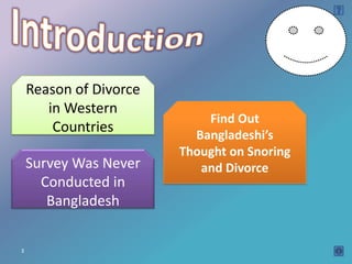 Reason of Divorce
       in Western
                            Find Out
        Countries         Bangladeshis
                        Thought on Snoring
    Survey Was Never       and Divorce
      Conducted in
       Bangladesh


3
 