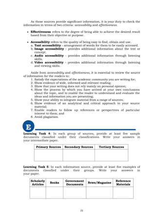 As those sources provide significant information, it is your duty to check the
information in terms of two criteria: accessibility and effectiveness.
 Effectiveness refers to the degree of being able to achieve the desired result
based from their objective or purpose.
 Accessibility refers to the quality of being easy to find, obtain and use.
a. Text accessibility - arrangement of words for them to be easily accessed.
b. Image accessibility - provides additional information about the text or
concept.
c. Audio accessibility - provides additional information through listening
skills.
d. Video accessibility - provides additional information through listening
and viewing skills.
Aside from accessibility and effectiveness, it is essential to review the source
of information for the readers to:
1. Satisfy the expectations of the academic community you are writing for;
2. Show evidence of wide, informed and relevant reading;
3. Show that your writing does not rely mainly on personal opinion;
4. Show the process by which you have arrived at your own conclusions
about the topic, and to enable the reader to understand and evaluate the
ideas and information you are presenting;
5. Show your ability to integrate material from a range of sources;
6. Show evidence of an analytical and critical approach to your source
material;
7. Enable readers to follow up references or perspectives of particular
interest to them; and
8. Avoid plagiarism.
E
Learning Task 4: In each group of sources, provide at least five sample
documents classified under their classifications. Write your answers in
your intermediate paper.
Primary Sources Secondary Sources Tertiary Sources
Learning Task 5: In each information source, provide at least five examples of
documents classified under their groups. Write your answers in
your paper.
Scholarly
Articles
Books
Government
Documents
News/Magazine
Reference
Materials
21
 