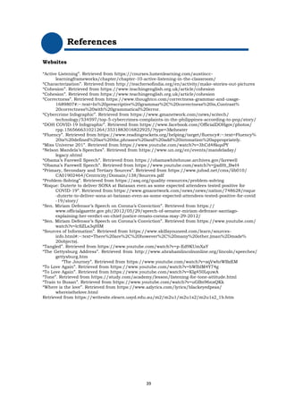 39
References
Websites
“Active Listening”. Retrieved from https://courses.lumenlearning.com/austincc-
learningframeworks/chapter/chapter-10-active-listening-in-the-classroom/
“Characterization”. Retrieved from http://teachersofindia.org/en/activity/make-stories-out-pictures
“Cohesion”. Retrieved from https://www.teachingenglish.org.uk/article/cohesion
“Cohesion”. Retrieved from https://www.teachingenglish.org.uk/article/cohesion
“Correctness”. Retrieved from https://www.thoughtco.com/correctness-grammar-and-usage-
1689807#:~:text=In%20prescriptive%20grammar%2C%20correctness%20is,Contrast%
20correctness%20with%20grammatical%20error.
“Cybercrime Infographic”. Retrieved from https://www.gmanetwork.com/news/scitech/
technology/534597/top-5-cybercrimes-complaints-in-the-philippines-according-to-pnp/story/
“DOH COVID-19 Infographic”. Retrieved from https://www.facebook.com/OfficialDOHgov/photos/
rpp.156566631021264/3531883016822925/?type=3&theater
“Fluency”. Retrieved from https://www.readingrockets.org/helping/target/fluency#:~:text=Fluency%
20is%20defined%20as%20the,phrases%20and%20add%20intonation%20appropriately.
“Miss Universe 201”. Retrieved from https://www.youtube.com/watch?v=3hCd48kqsPY
“Nelson Mandela’s Speeches”. Retrieved from https://www.un.org/en/events/mandeladay/
legacy.shtml
“Obama’s Farewell Speech”. Retrieved from https://obamawhitehouse.archives.gov/farewell
“Obama’s Farewell Speech”. Retrieved from https://www.youtube.com/watch?v=jjsdHt_BwI4
“Primary, Secondary and Tertiary Sources”. Retrieved from https://www.juhsd.net/cms/lib010/
CA01902464/Centricity/Domain/138/Sources.pdf
“Problem-Solving”. Retrieved from https://asq.org/quality-resources/problem-solving
“Roque: Duterte to deliver SONA at Batasan even as some expected attendees tested positive for
COVID-19”. Retrieved from https://www.gmanetwork.com/news/news/nation/748628/roque
-duterte-to-deliver-sona-at-batasan-even-as-some-expected-attendees-tested-positive-for-covid
-19/story/
“Sen. Miriam Defensor’s Speech on Corona’s Conviction”. Retrieved from https://
www.officialgazette.gov.ph/2012/05/29/speech-of-senator-miriam-defensor-santiago-
explaining-her-verdict-on-chief-justice-renato-corona-may-29-2012/
“Sen. Miriam Defensor’s Speech on Corona’s Conviction”. Retrieved from https://www.youtube.com/
watch?v=lcSZLx3qHlM
“Sources of Information”. Retrieved from https://www.skillsyouneed.com/learn/sources-
info.html#:~:text=There%20are%2C%20however%2C%20many%20other,(man%2Dmade%
20objects).
“Tangled”. Retrieved from https://www.youtube.com/watch?v=p-Ed9KUmXaY
“The Gettysburg Address”. Retrieved from http://www.abrahamlincolnonline.org/lincoln/speeches/
gettysburg.htm
“The Journey”. Retrieved from https://www.youtube.com/watch?v=zqVwhrWBzEM
“To Love Again”. Retrieved from https://www.youtube.com/watch?v=bWIblM4Y74g
“To Love Again”. Retrieved from https://www.youtube.com/watch?v=KIg450LquwA
“Tone”. Retrieved from https://study.com/academy/lesson/listening-for-tone-attitude.html
“Train to Busan”. Retrieved from https://www.youtube.com/watch?v=uGBn96nxQKk
“Where is the love”. Retrieved from https://www.azlyrics.com/lyrics/blackeyedpeas/
whereisthelove.html
Retrieved from https://writesite.elearn.usyd.edu.au/m2/m2u1/m2u1s2/m2u1s2_1b.htm
 