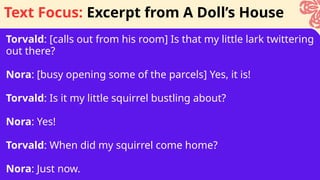 Torvald: [calls out from his room] Is that my little lark twittering
out there?
Nora: [busy opening some of the parcels] Yes, it is!
Torvald: Is it my little squirrel bustling about?
Nora: Yes!
Torvald: When did my squirrel come home?
Nora: Just now.
Text Focus: Excerpt from A Doll’s House
 