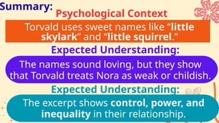 Torvald uses sweet names like “little
skylark” and “little squirrel.”
The names sound loving, but they show
that Torvald treats Nora as weak or childish.
Summary:
Psychological Context
Expected Understanding:
Expected Understanding:
The excerpt shows control, power, and
inequality in their relationship.
 