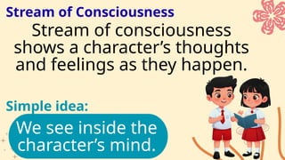Stream of Consciousness
We see inside the
character’s mind.
Simple idea:
Stream of consciousness
shows a character’s thoughts
and feelings as they happen.
 