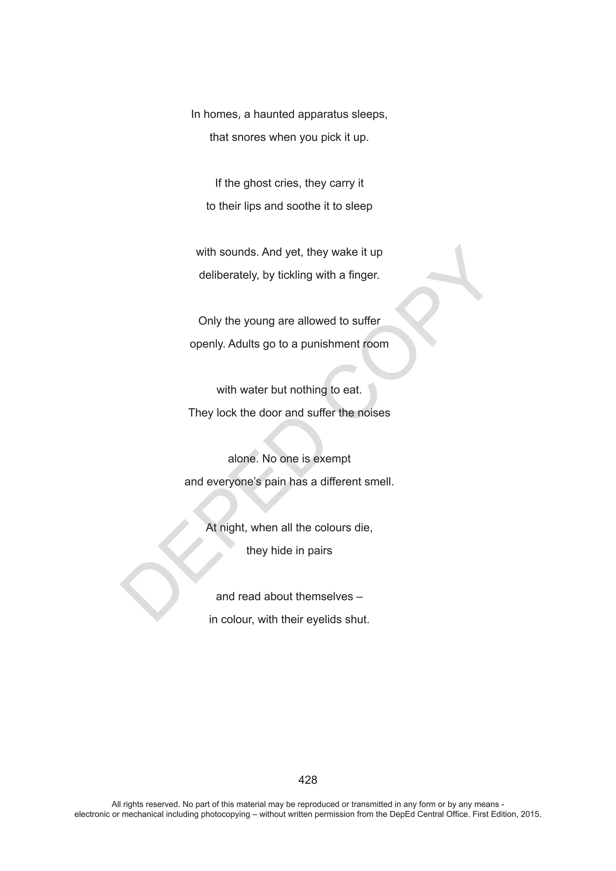 D
EPED
C
O
PY
All rights reserved. No part of this material may be reproduced or transmitted in any form or by any means -
electronic or mechanical including photocopying – without written permission from the DepEd Central Office. First Edition, 2015.
 