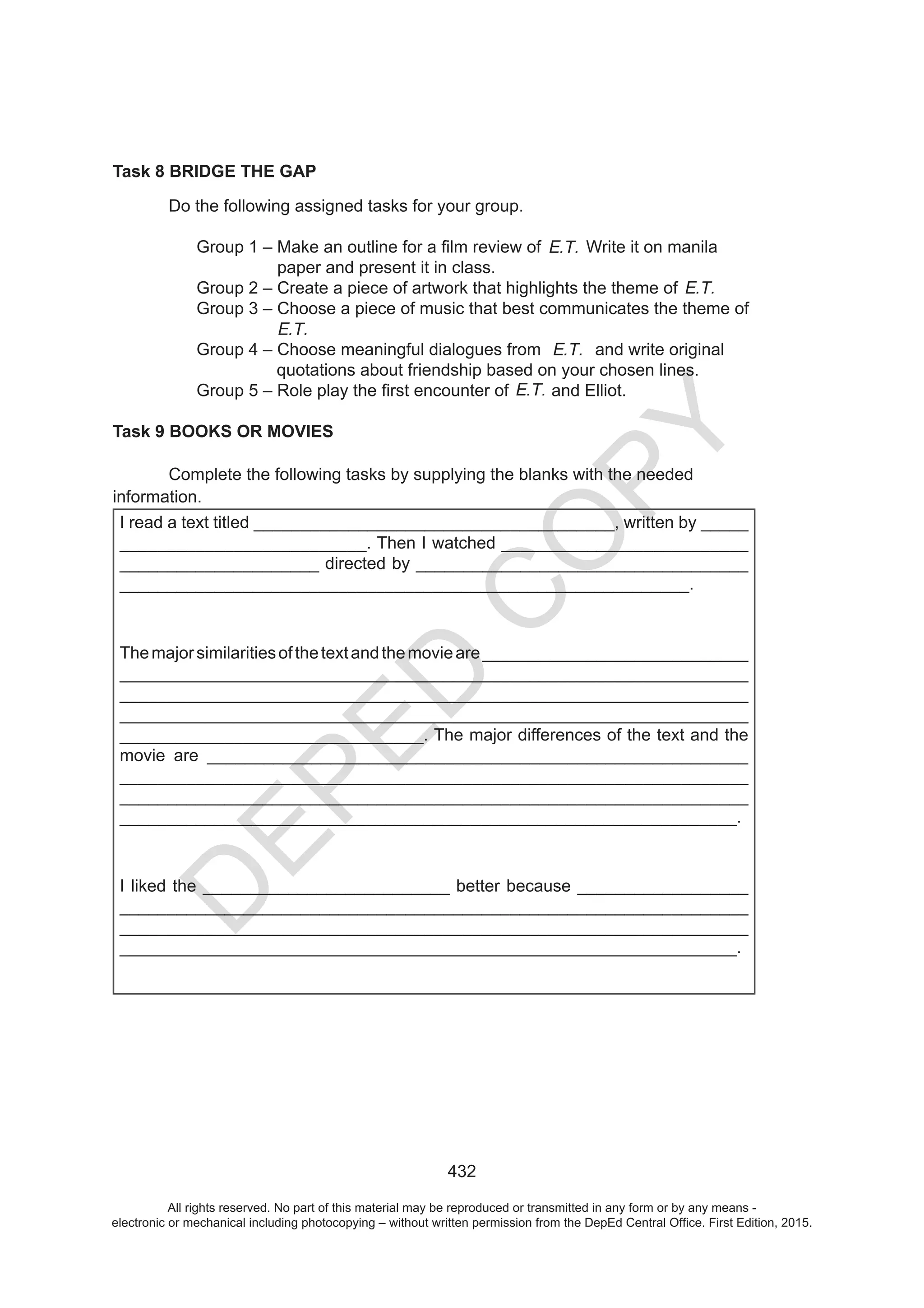D
EPED
C
O
PY
All rights reserved. No part of this material may be reproduced or transmitted in any form or by any means -
electronic or mechanical including photocopying – without written permission from the DepEd Central Office. First Edition, 2015.
 