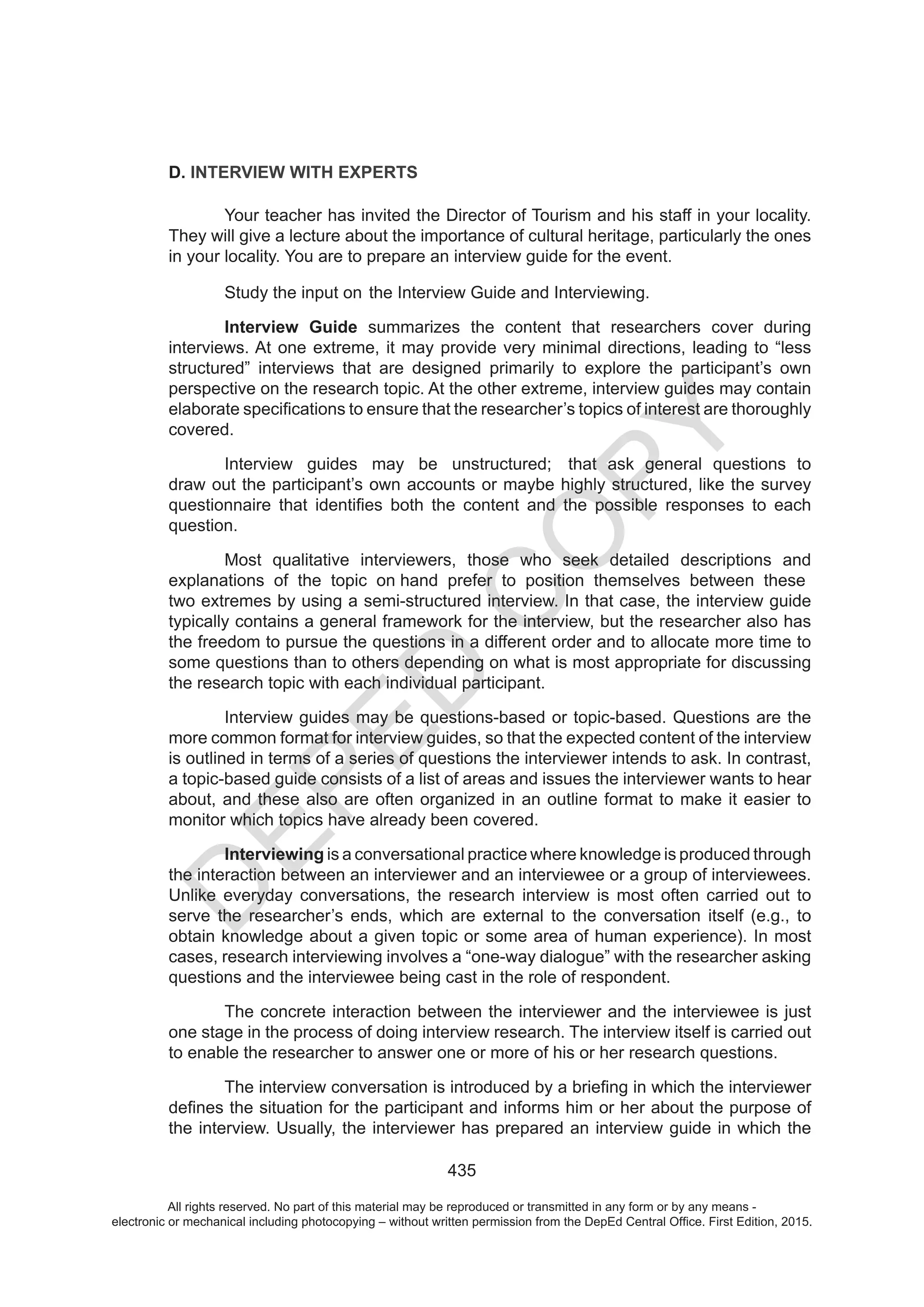 D
EPED
C
O
PY
All rights reserved. No part of this material may be reproduced or transmitted in any form or by any means -
electronic or mechanical including photocopying – without written permission from the DepEd Central Office. First Edition, 2015.
 