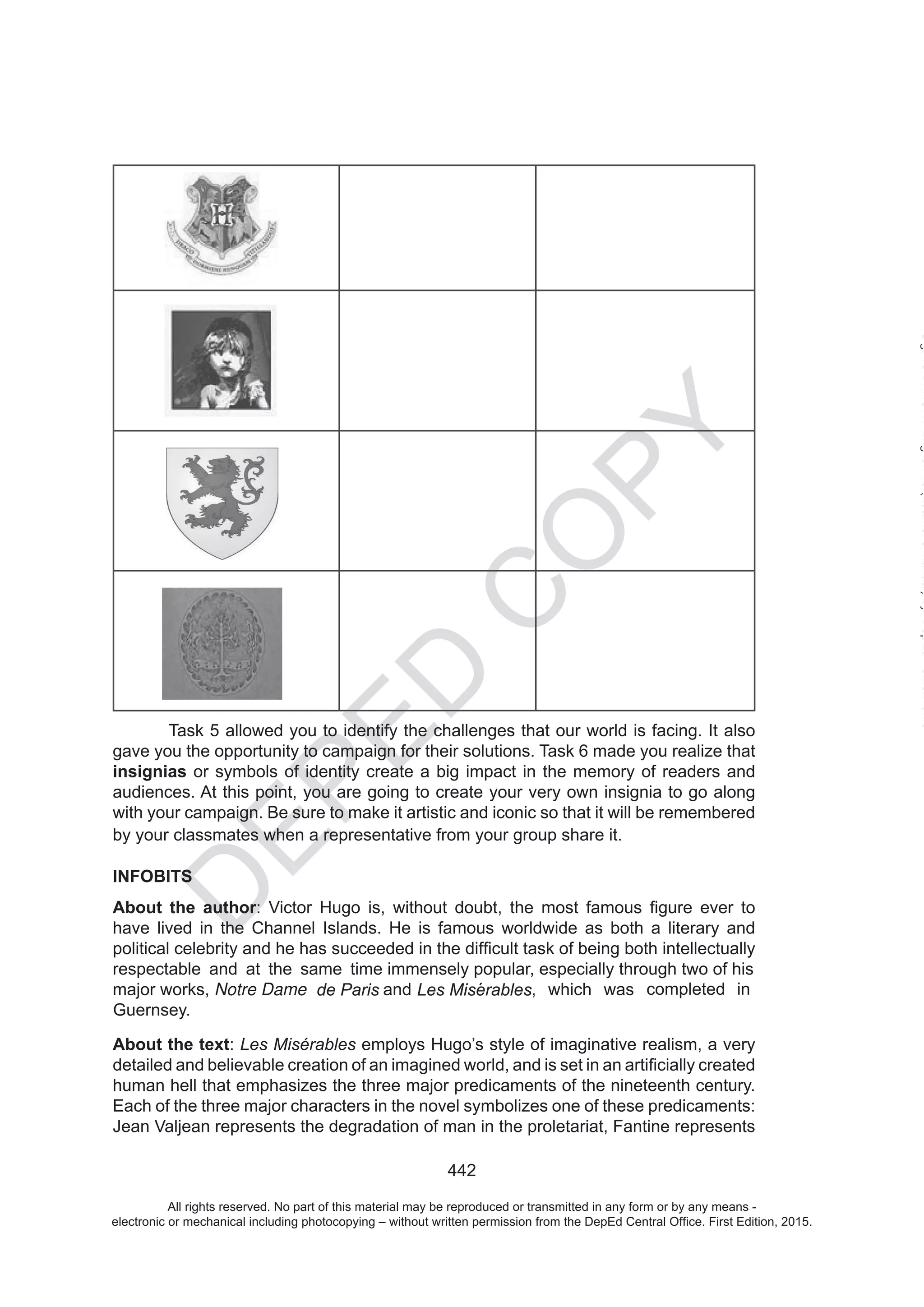 D
EPED
C
O
PY
de Paris Les Miserables
All rights reserved. No part of this material may be reproduced or transmitted in any form or by any means -
electronic or mechanical including photocopying – without written permission from the DepEd Central Office. First Edition, 2015.
 