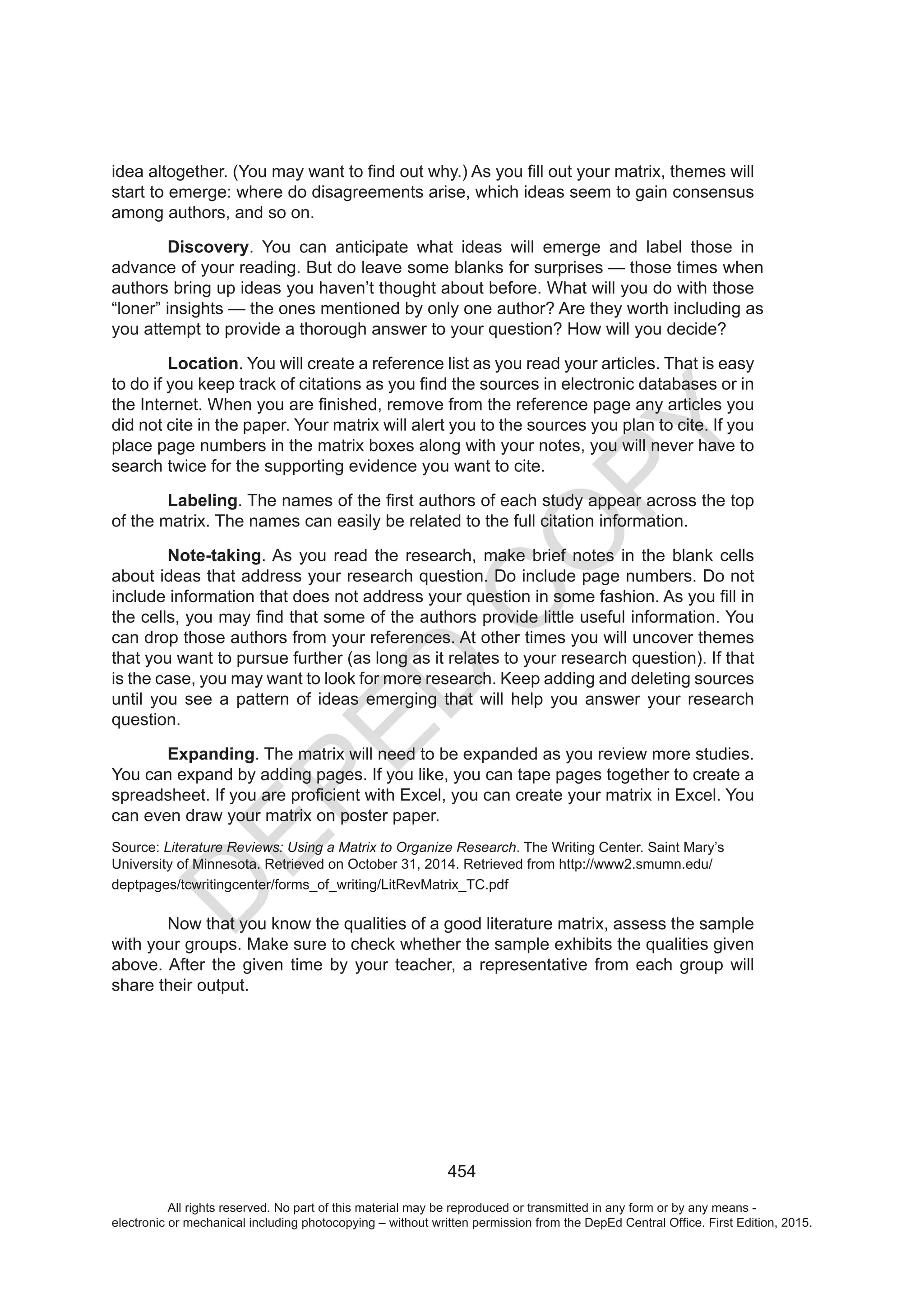 D
EPED
C
O
PY
All rights reserved. No part of this material may be reproduced or transmitted in any form or by any means -
electronic or mechanical including photocopying – without written permission from the DepEd Central Office. First Edition, 2015.
 