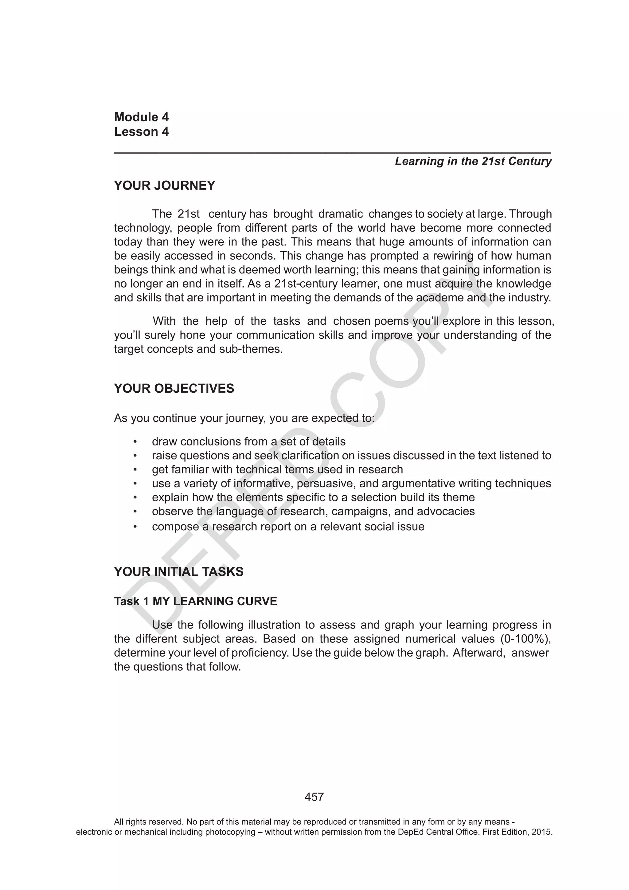 D
EPED
C
O
PY
-
All rights reserved. No part of this material may be reproduced or transmitted in any form or by any means -
electronic or mechanical including photocopying – without written permission from the DepEd Central Office. First Edition, 2015.
 