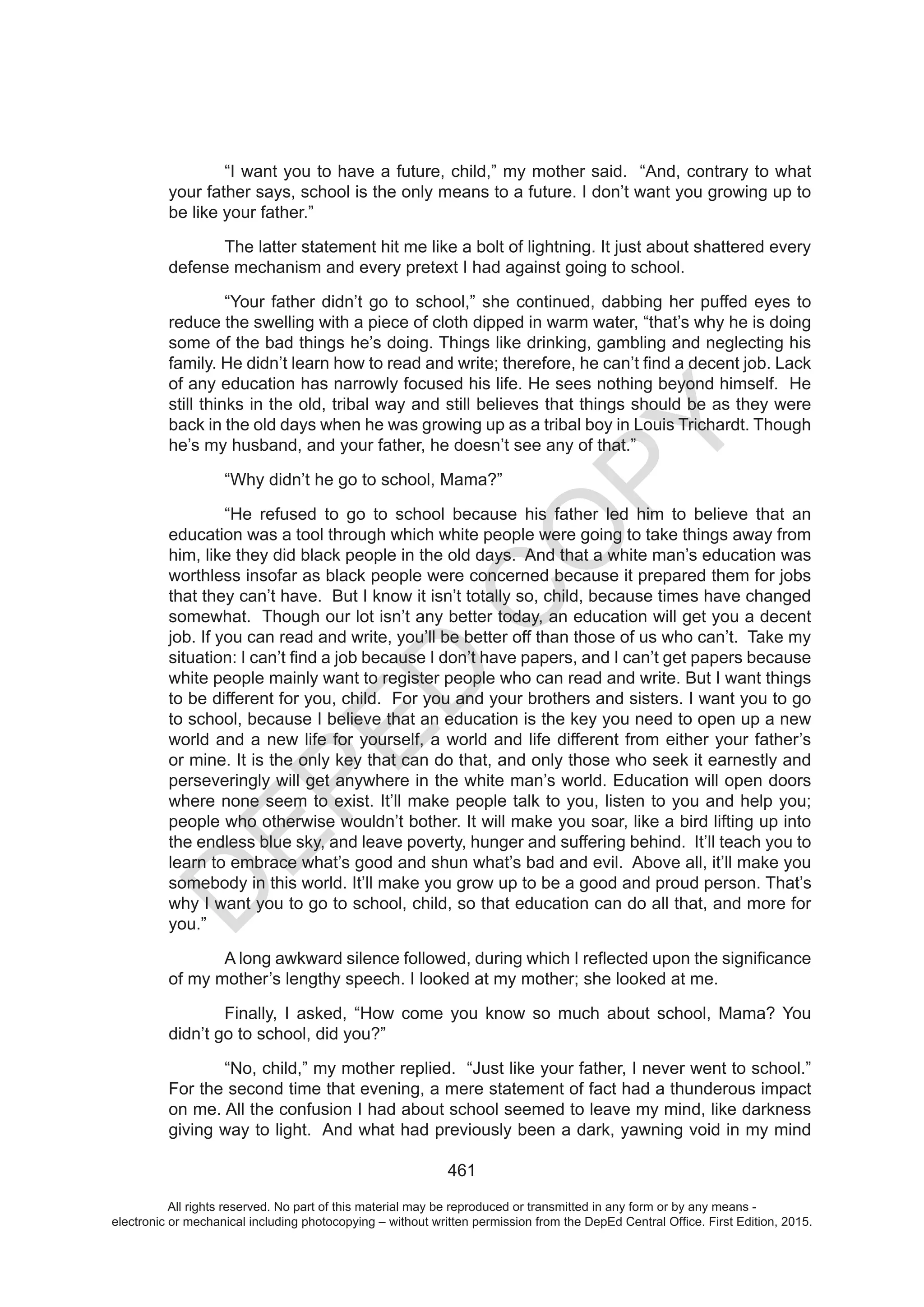 D
EPED
C
O
PY
All rights reserved. No part of this material may be reproduced or transmitted in any form or by any means -
electronic or mechanical including photocopying – without written permission from the DepEd Central Office. First Edition, 2015.
 