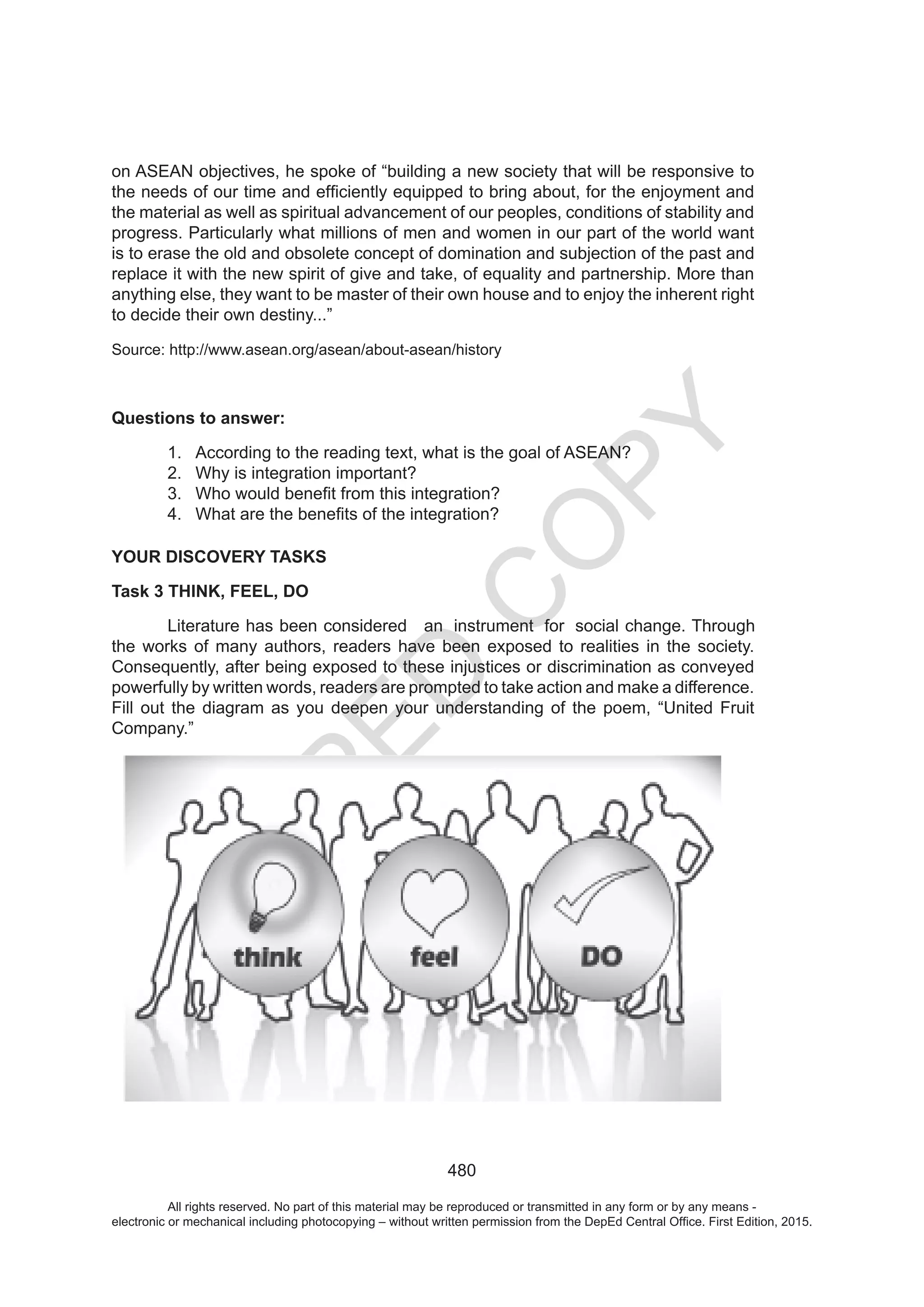 D
EPED
C
O
PY
All rights reserved. No part of this material may be reproduced or transmitted in any form or by any means -
electronic or mechanical including photocopying – without written permission from the DepEd Central Office. First Edition, 2015.
 