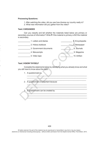 D
EPED
C
O
PY
All rights reserved. No part of this material may be reproduced or transmitted in any form or by any means -
electronic or mechanical including photocopying – without written permission from the DepEd Central Office. First Edition, 2015.
 
