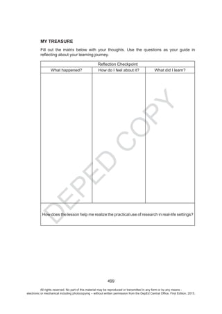 D
EPED
C
O
PY
499
MY TREASURE
All rights reserved. No part of this material may be reproduced or transmitted in any form or by any means -
electronic or mechanical including photocopying – without written permission from the DepEd Central Office. First Edition, 2015.
 